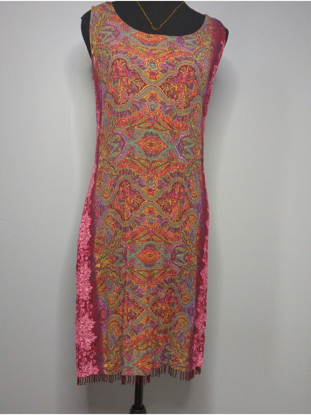 Gabrielle Sleeveless Rayon Hippie Shift Dress Pink Orange Paisley Boho Sz M